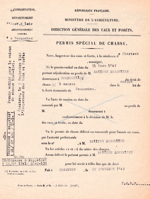 Permis spécial de chasse - 1947 - Don de M. J.-P. Bouteau à la Sociét de Vènerie